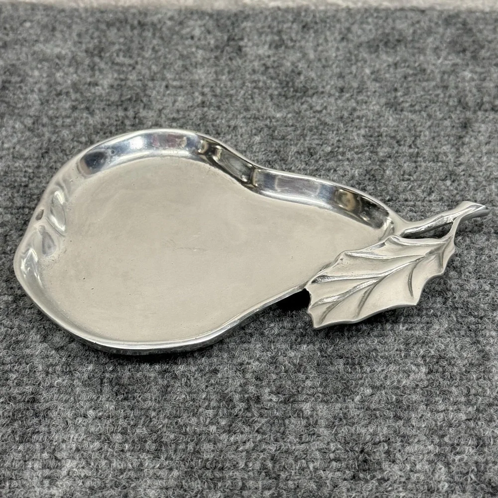 Fitz & Floyd Silver Metal Pear Shaped Serving Tray Small Leaf Handle Decor